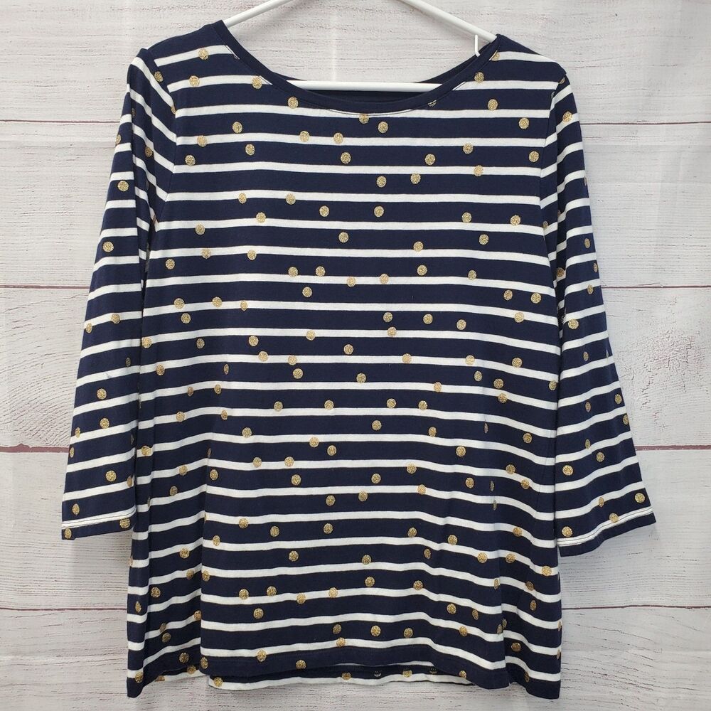Talbots Blue White Striped Gold Glitter Polka Dots Top Large 3/4 Sleeve Womens
